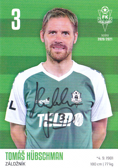 Tomas Hubschman FK Jablonec 2020/21 Podpisova karta Autogram