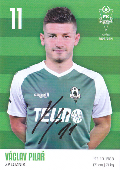 Vaclav Pilar FK Jablonec 2020/21 Podpisova karta Autogram