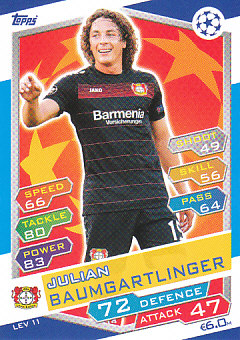Julian Baumgartlinger Bayer 04 Leverkusen 2016/17 Topps Match Attax CL #LEV11