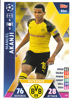 Manuel Akanji Borussia Dortmund 2018/19 Topps Match Attax CL #133