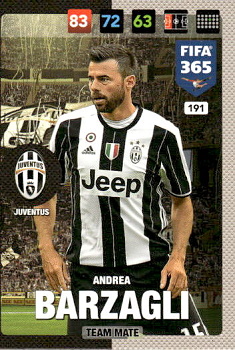 Andrea Barzagli Juventus FC Panini FIFA 365 2017 Adrenalyn XL Nordic Edition  #191