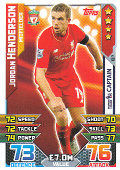 Jordan Henderson Liverpool 2015/16 Topps Match Attax Captain #137