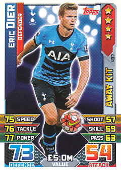 Eric Dier Tottenham Hotspur 2015/16 Topps Match Attax Away Kit #437