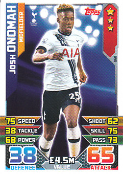 Josh Onomah Tottenham Hotspur 2015/16 Topps Match Attax Squad Updates #U60