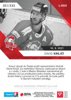 David Krejčí Olomouc TELH 2021/22 SportZoo LIVE /331 #L-003