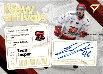 Evan Jasper Hradec Kralove Tipsport ELH 2023/24 SportZoo 1. serie New Arrival Auto /65 #NAS-EJ