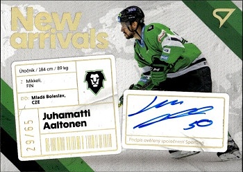 Juhamatti Aaltonen Mlada Boleslav Tipsport ELH 2023/24 SportZoo 1. serie New Arrival Auto /65 #NAS-JA