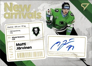 Matti Jarvinen Mlada Boleslav Tipsport ELH 2023/24 SportZoo 1. serie New Arrival Auto /65 #NAS-MJ