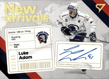 Luke Adam Plzen Tipsport ELH 2023/24 SportZoo 1. serie New Arrival Auto /65 #NAS-LA