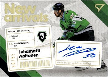 Juhamatti Aaltonen Mlada Boleslav Tipsport ELH 2023/24 SportZoo 1. serie New Arrival Auto /65 #NAS-JA