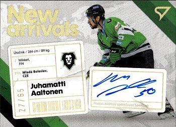 Juhamatti Aaltonen Mlada Boleslav Tipsport ELH 2023/24 SportZoo 1. serie New Arrival Auto /65 #NAS-JA