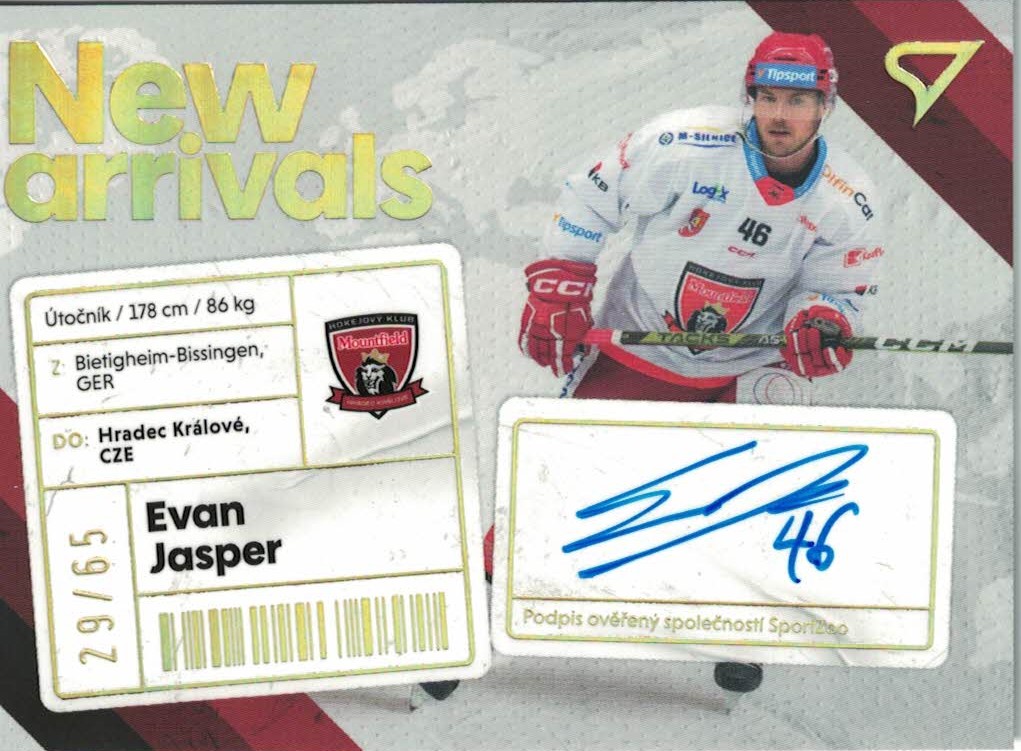 Evan Jasper Hradec Kralove Tipsport ELH 2023/24 SportZoo 1. serie New Arrival Auto /65 #NAS-EJ