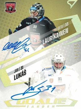 Eetu Laurikainen Jan Lukas Hradec Kralove Tipsport ELH 2023/24 SportZoo 2. serie Goalie Tandem AUTO /35 #GTS-LL