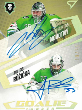 Filip Novotny Jan Ruzicka Mlada Boleslav Tipsport ELH 2023/24 SportZoo 2. serie Goalie Tandem AUTO /35 #GTS-NR