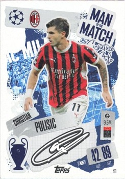 Christian Pulisic A.C. Milan 2024/25 Topps Match Attax UEFA Club Competitions Man of the Match Signature Style #411