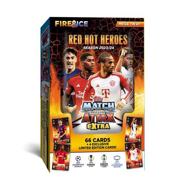 Topps Match Attax UEFA Champions League EXTRA 2023/24 Box Mega Tin 1 Red Hot Heroes Plechovka