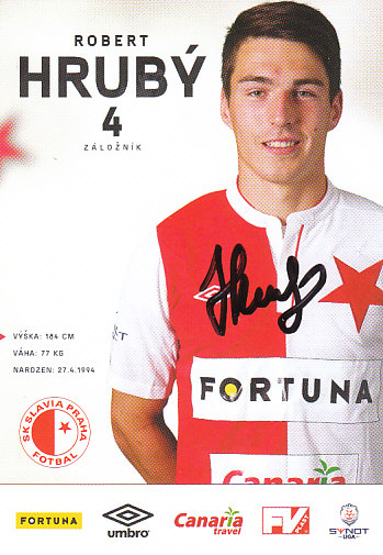 Robert Hruby SK Slavia Praha 2014/15 Podpisova karta Autogram