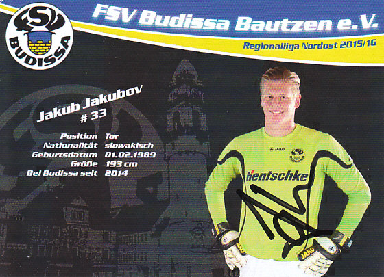 Jakub Jakubov FSV Budissa Bautzen 2015/16 Podpisova karta autogram
