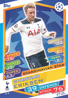 Christian Eriksen Tottenham 2016/17 Topps Match Attax CL Scandinavian Sta #N02