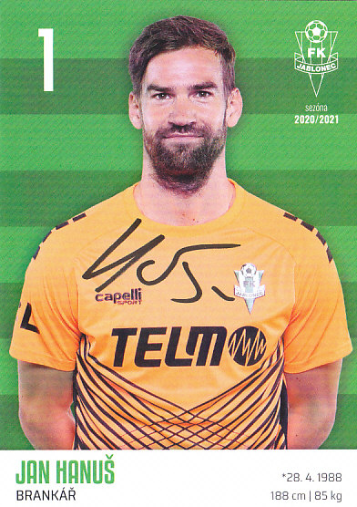 Jan Hanus FK Jablonec 2020/21 Podpisova karta Autogram