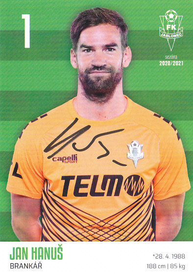 Jan Hanus FK Jablonec 2020/21 Podpisova karta Autogram
