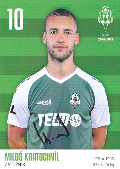 Milos Kratochvil FK Jablonec 2020/21 Podpisova karta Autogram