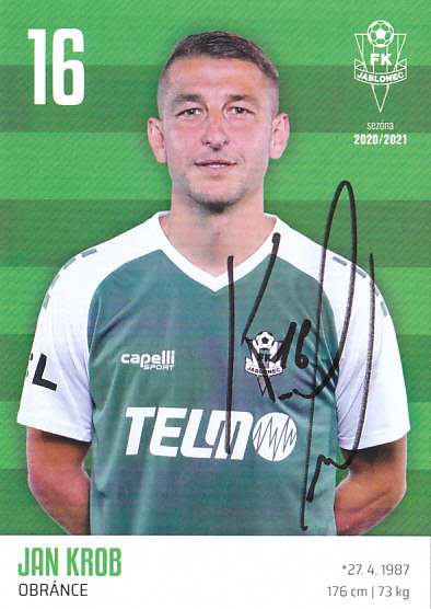 Jan Krob FK Jablonec 2020/21 Podpisova karta Autogram
