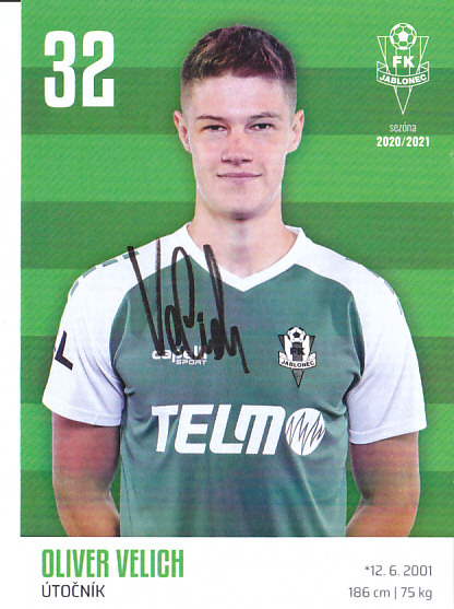 Oliver Velich FK Jablonec 2020/21 Podpisova karta Autogram