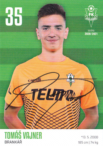Tomas Vajner FK Jablonec 2020/21 Podpisova karta Autogram
