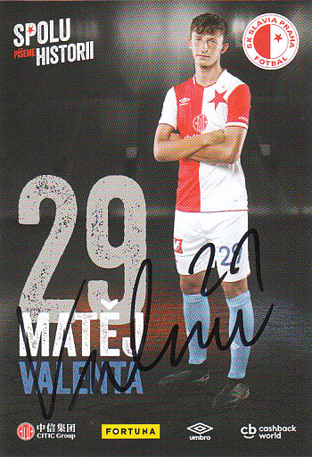 Matej Valenta SK Slavia Praha 2018/19 podzim Podpisova karta Autogram