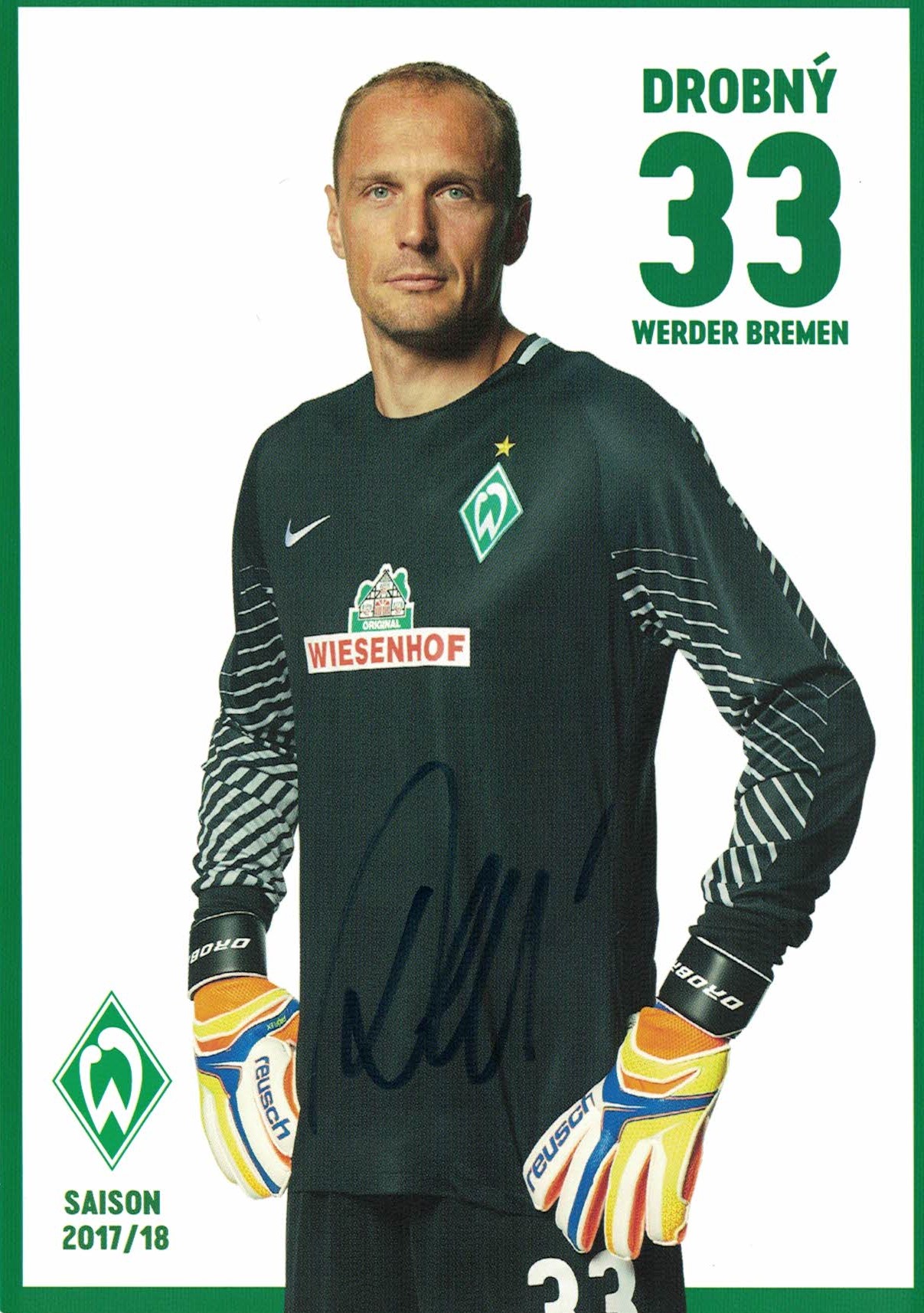 Jaroslav Drobny Werder Bremen 2017/18 Podpisova karta autogram