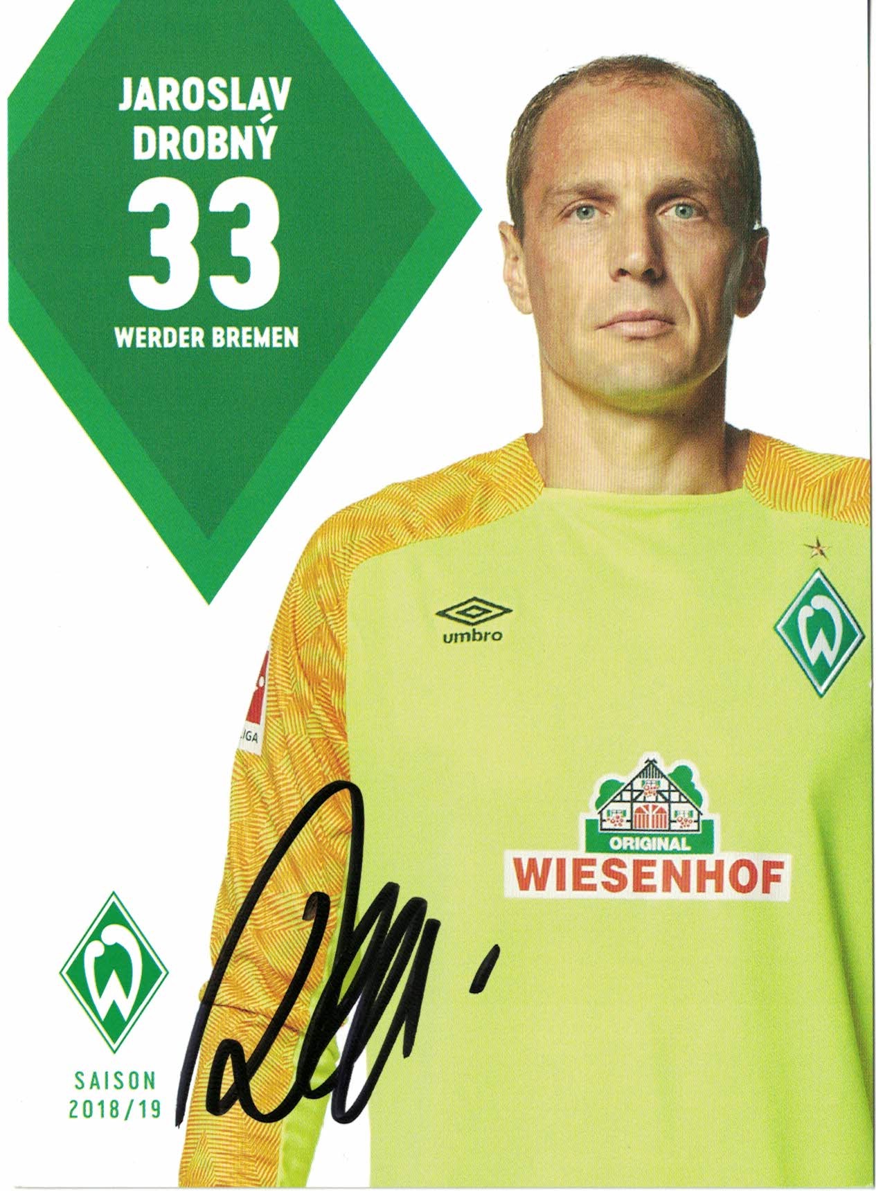 Jaroslav Drobny Werder Bremen 2018/19 Podpisova karta autogram