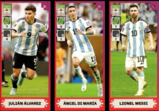 Julian Alvarez / Angel Di Maria / Lionel Messi Argentina samolepka Panini FIFA 365 2024 FIFA World Cup Qatar 2022 #420