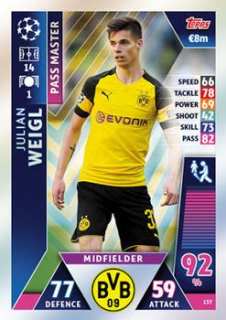 Julian Weigl Borussia Dortmund 2018/19 Topps Match Attax CL Pass Master #137